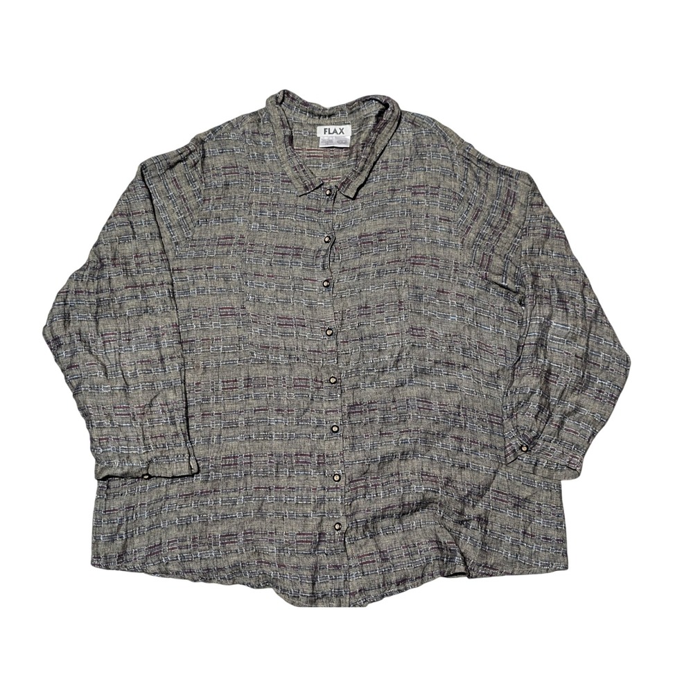 Linen Shirt Womens 1G Flax Linen Textured Stripe Button Up Lagenlook Generous